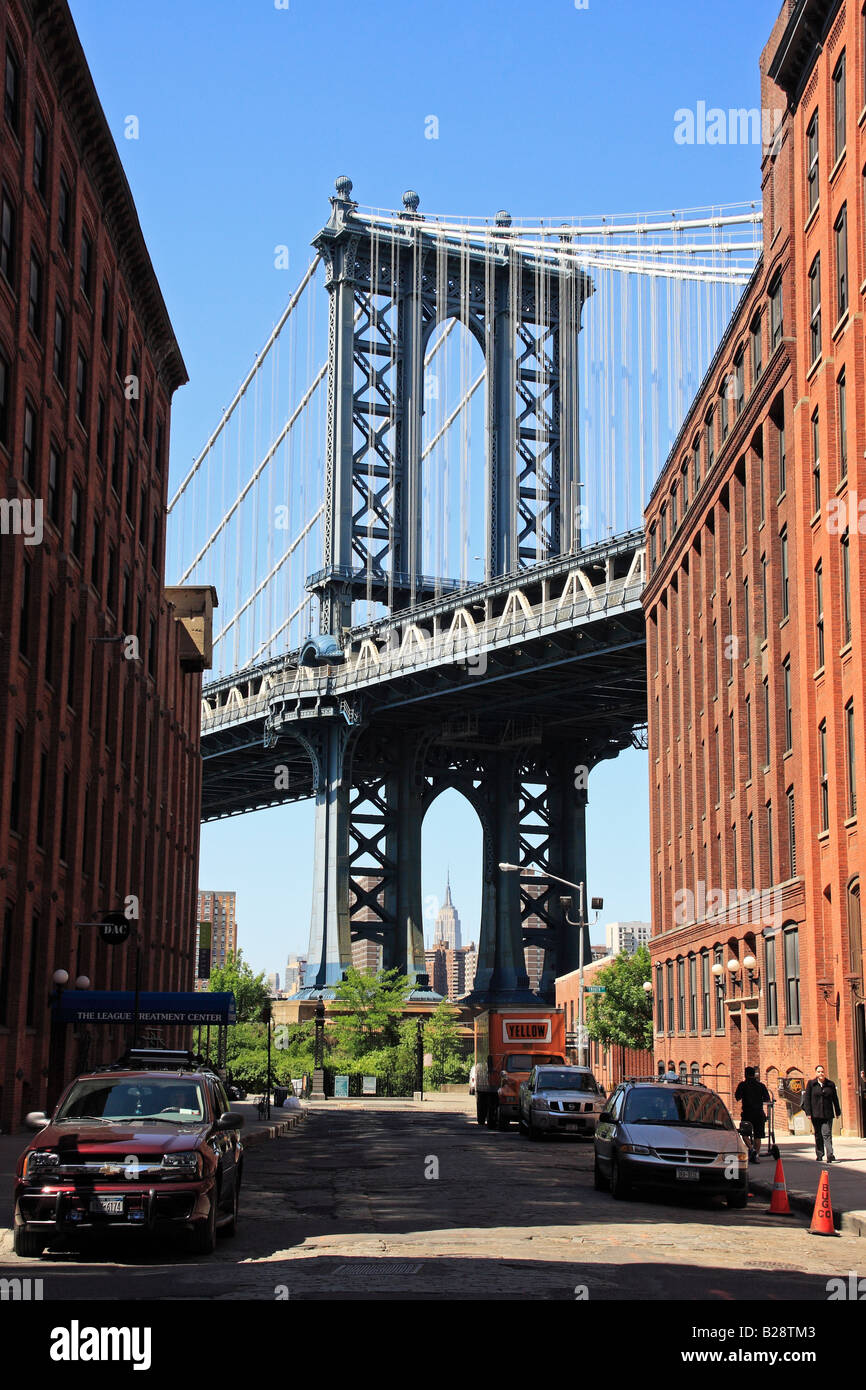 Manhattan Bridge eastern pillar from Brooklyn - New York City, USA Stock Photo