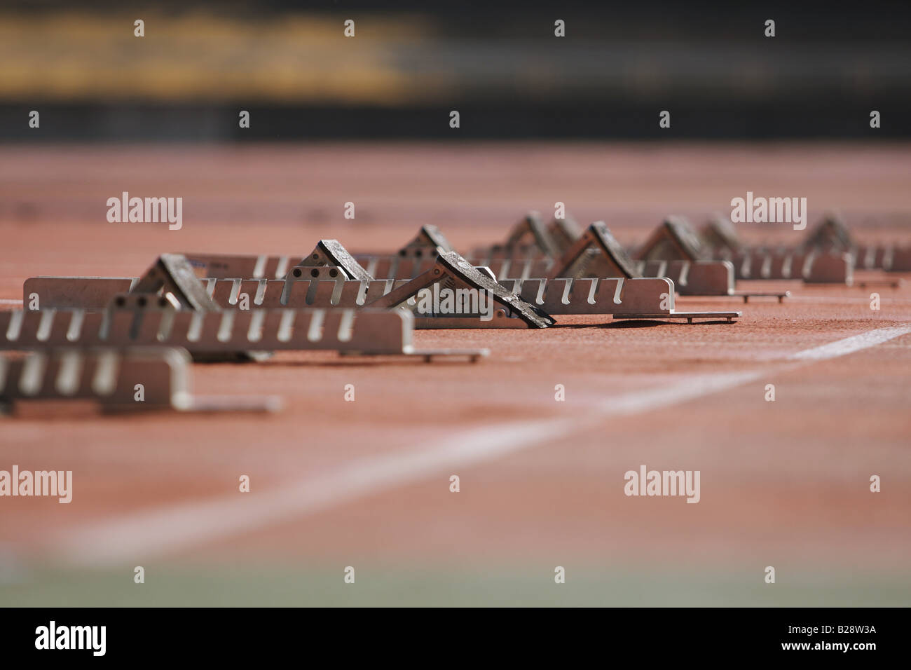 Track and field starting blocks at starting line Stock Photo Alamy
