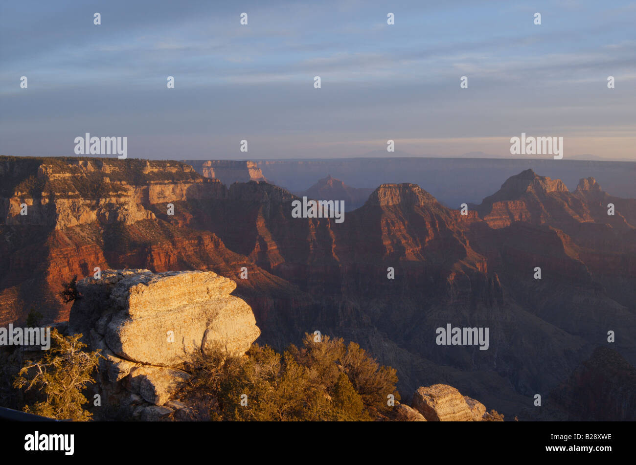 The Wotan Throne lit by setting sun Grand Canyon North Rim Bright Angel Viewpoint Copyspace on top Stock Photo