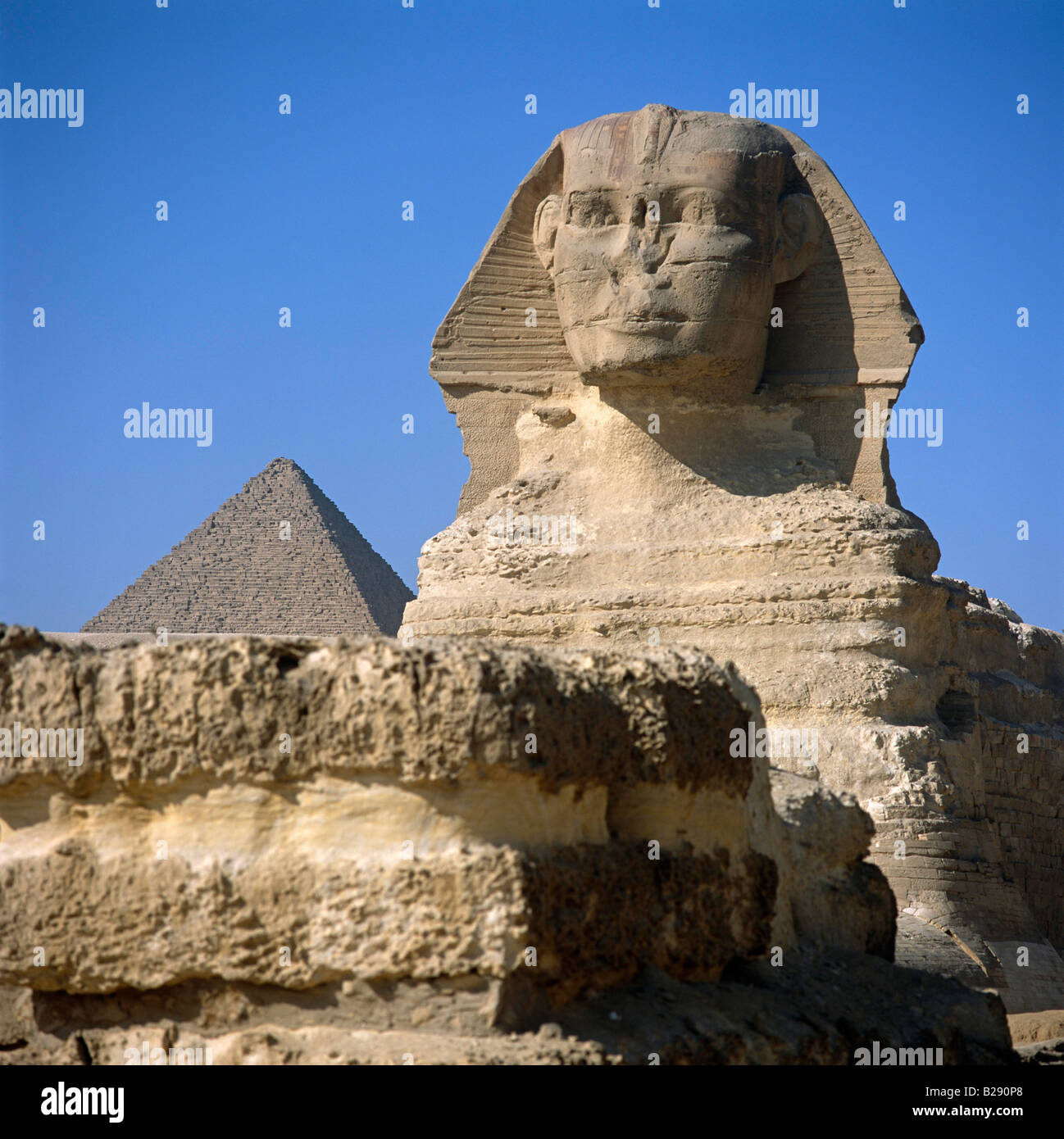 The Sphinx and Keops pyramid Cairo Egypt Stock Photo