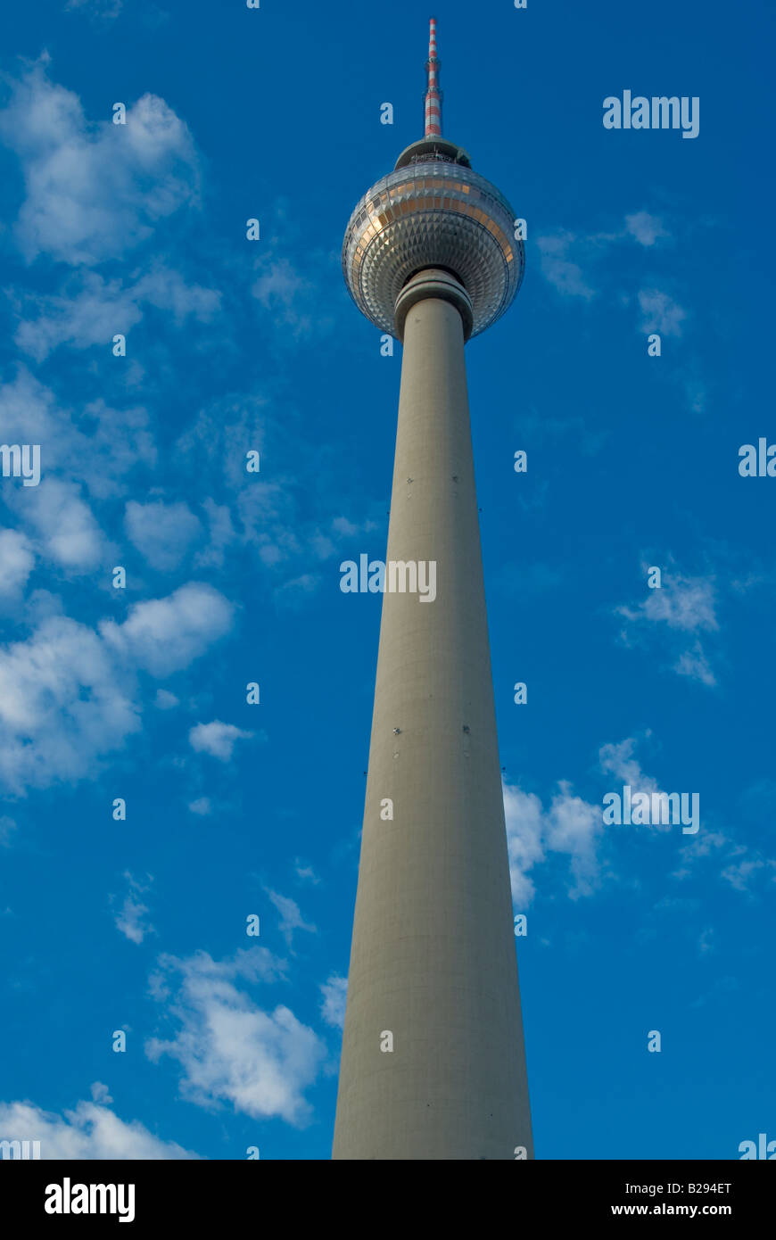 The Fernsehtrum TV Tower at Alexander Platz in Berlin Stock Photo