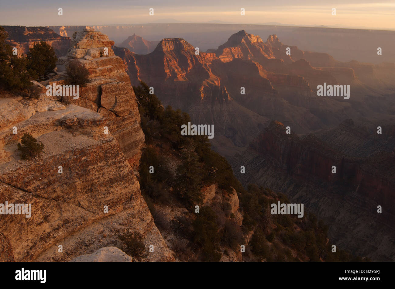 The Wotan Throne lit by setting sun Grand Canyon North Rim Bright Angel Viewpoint Stock Photo