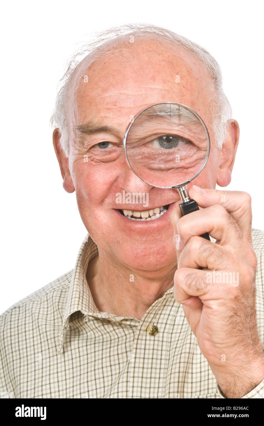 A comical image of an elderly man with a magnifying glass to enlarge