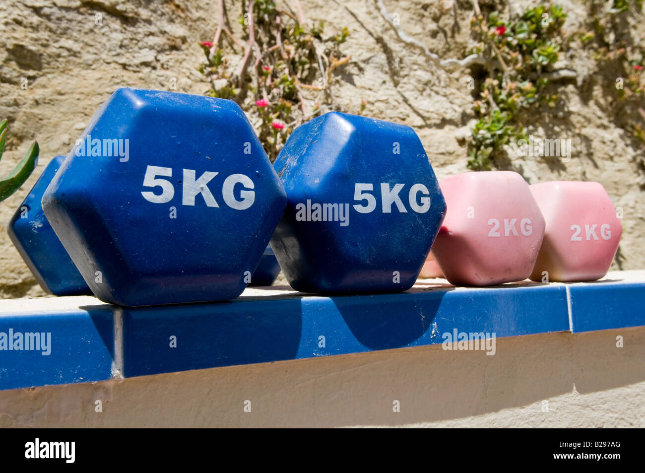 Dumbbells sitting on an outdoor wall. Stock Photo