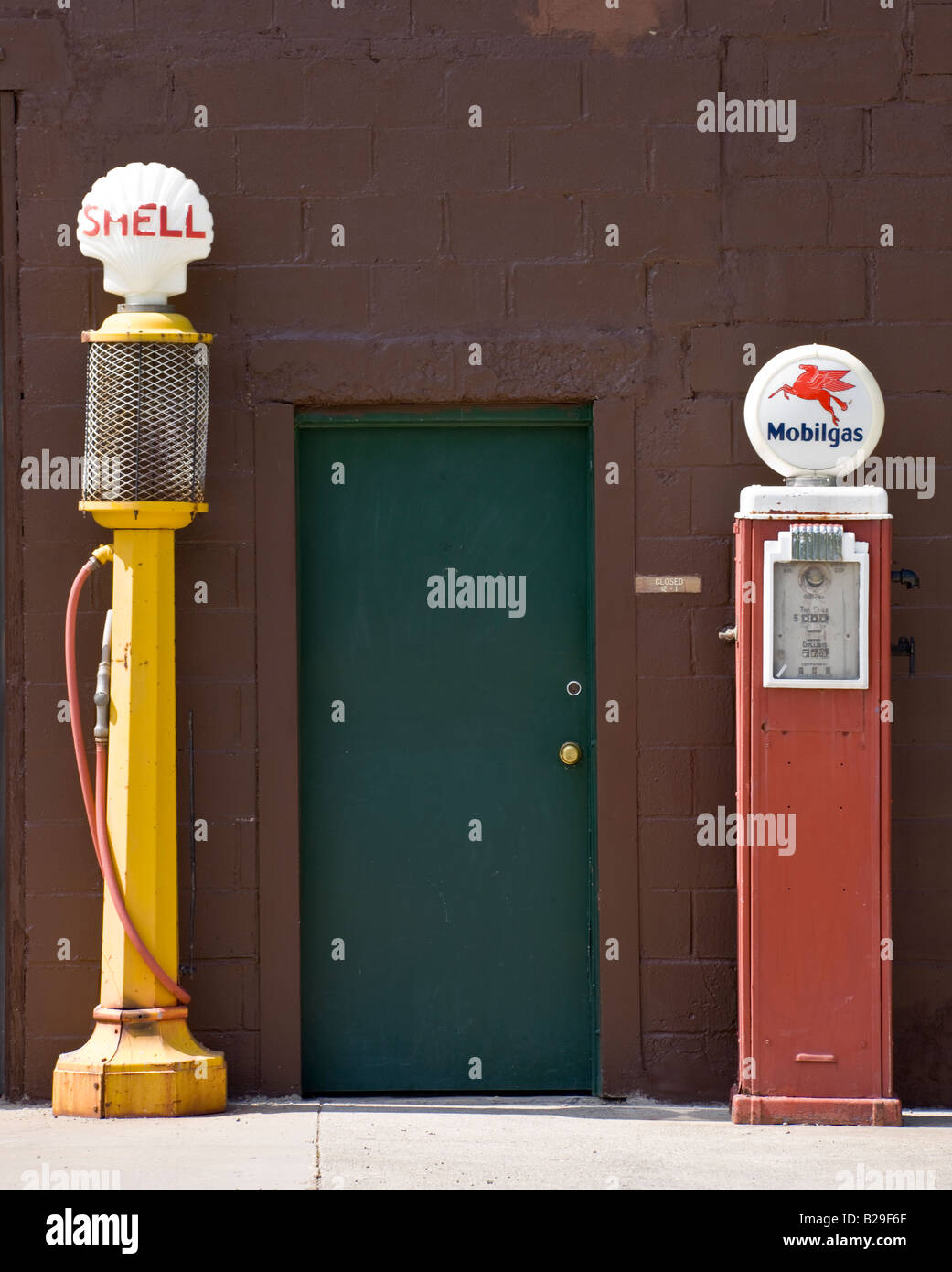 old Shell and Mobilgas gas petrol pumps, Chatham, New York, USA Stock Photo