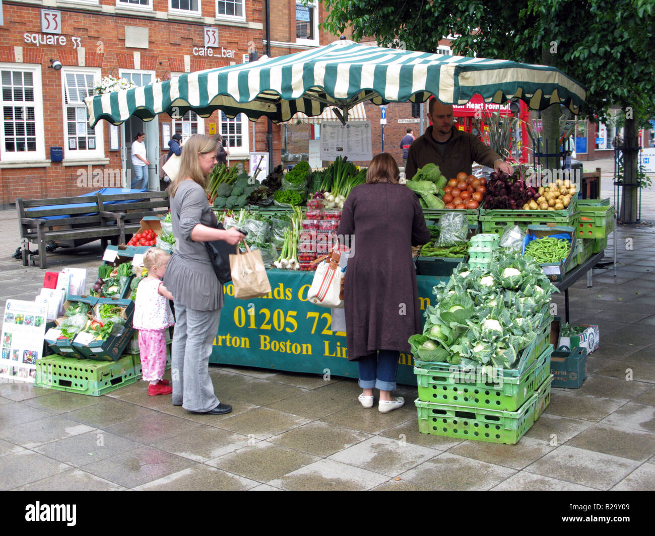 Fruit and vegetable market stall at a farmers market, Market Harborough Stock Photo