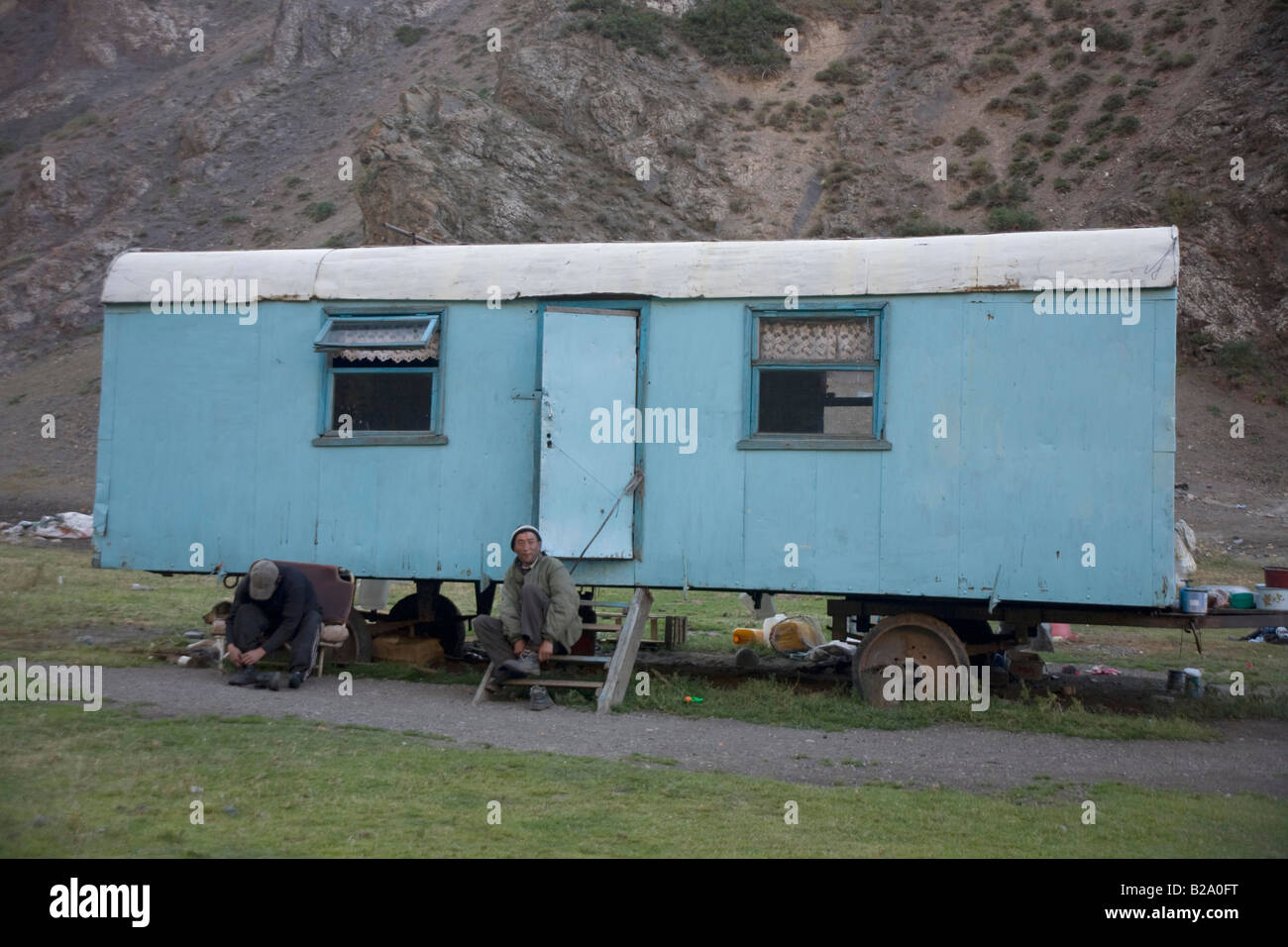 Silk Route Kyrgyzstan Tien Shan mountains Nomad Caravan Turugart Pass Stock Photo