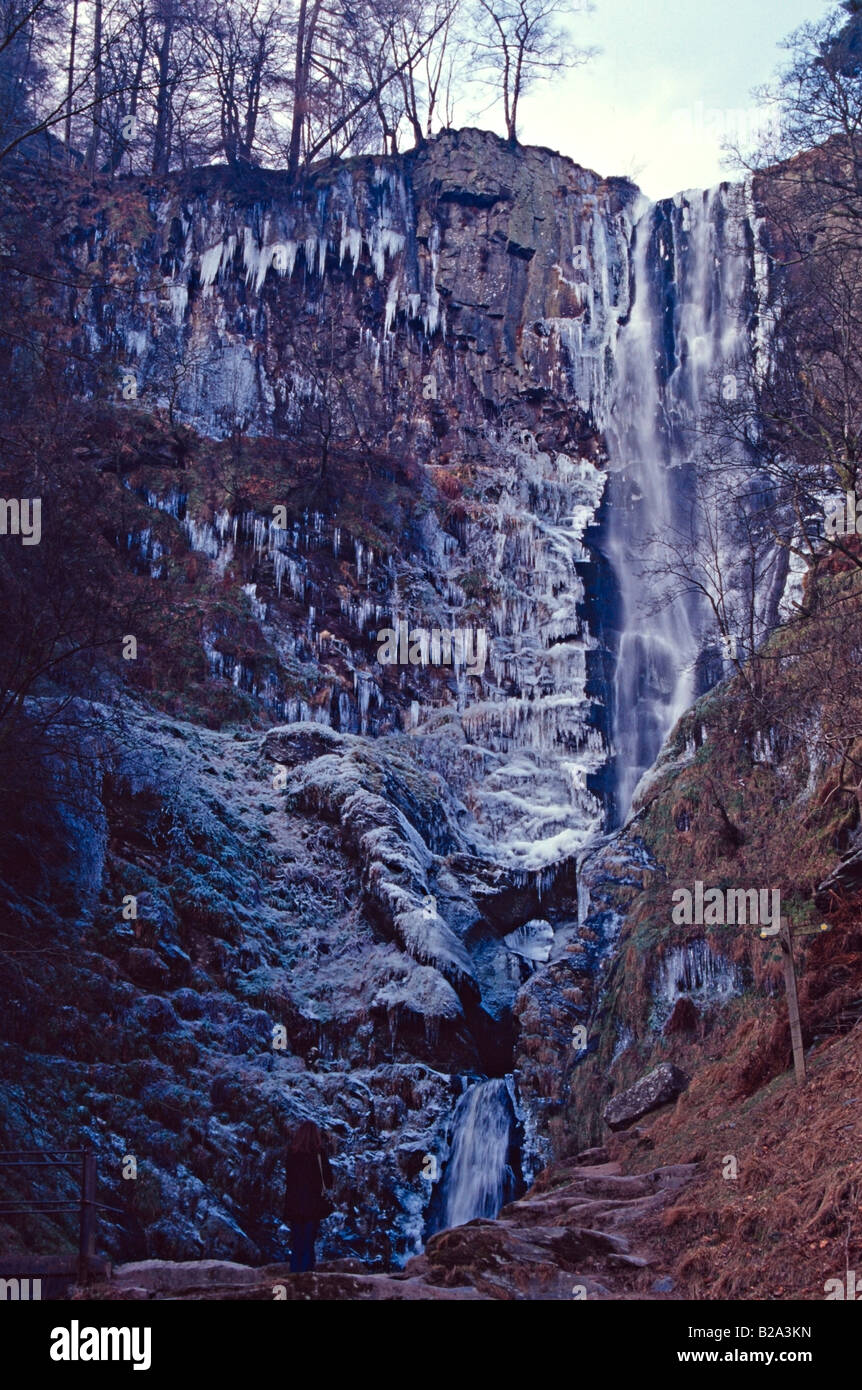 frozen pistyll rhaeadr waterfall 150 feet wales's highest waterfall europe uk gb Stock Photo