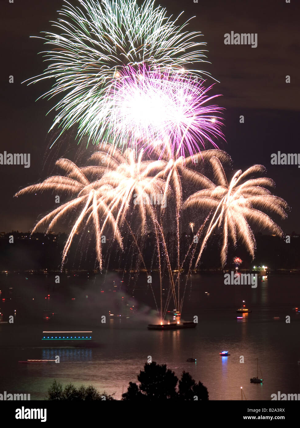 Fireworks in Commencement Bay Puget Sound Washington Stock Photo