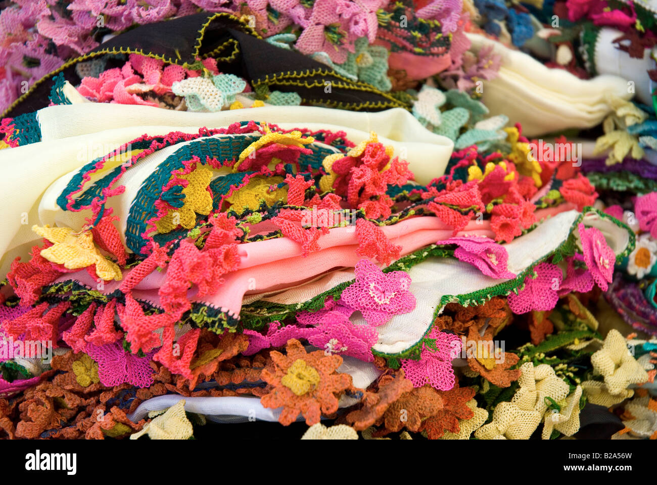 Colorful Turkish needle lace needlelace oya flowers Stock Photo