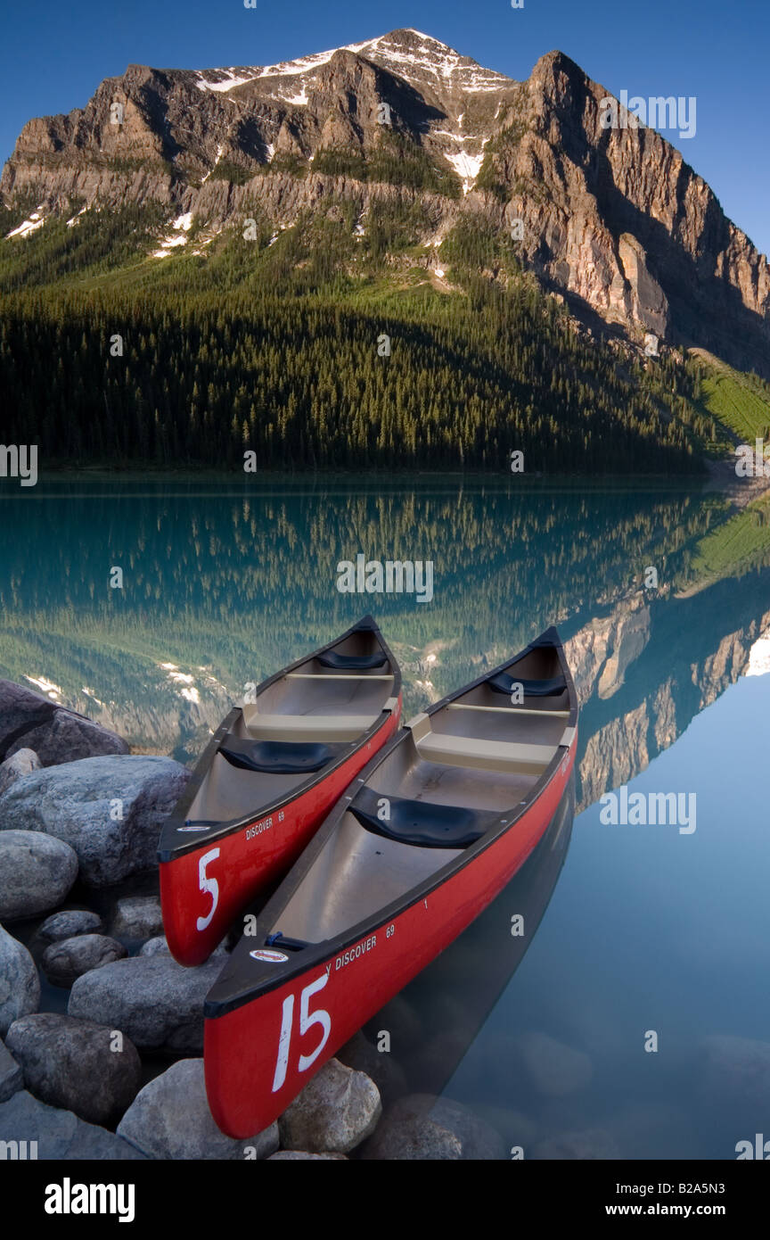 Canoes at Lake Louise, Alberta Canada Stock Photo