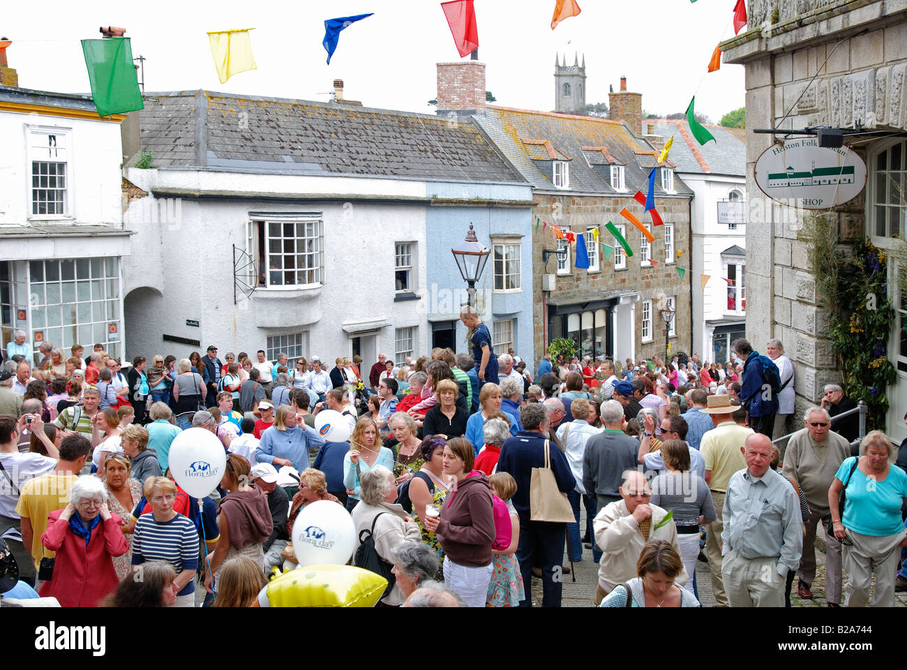 crowds of people gather in the streets of helston,cornwall,uk, for the  flora day celebrations on the 8th of may every year Stock Photo