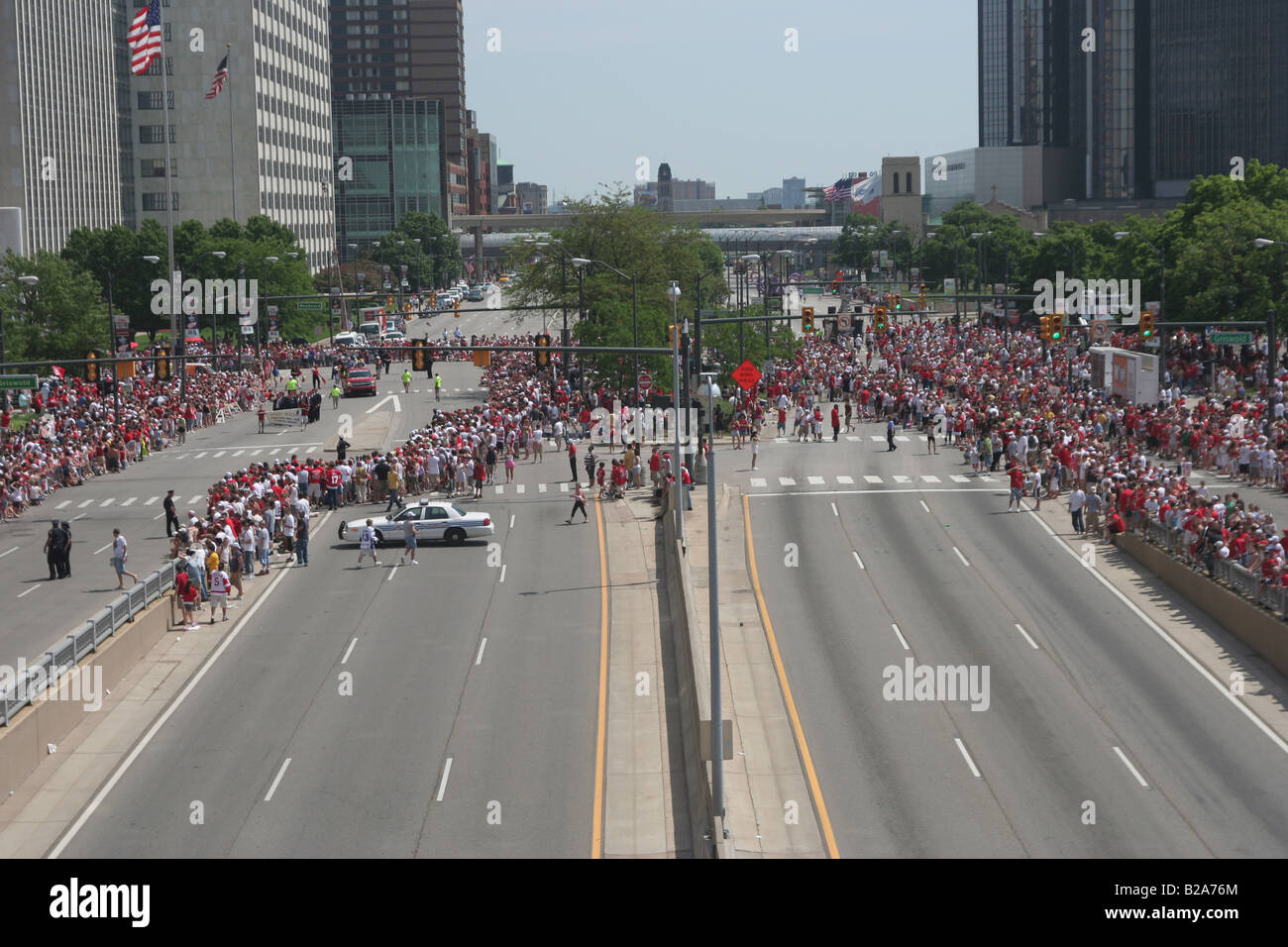 Detroit Red Wings fans gather along Jefferson Avenue for the 2008 Stanley Cup Victory Parade in Detroit, Michigan. Stock Photo