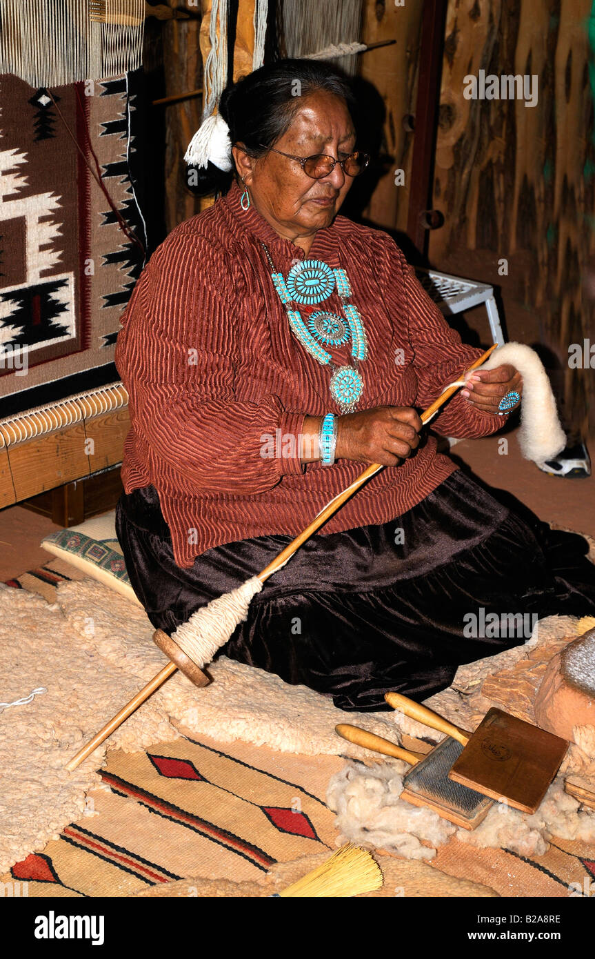 Spinning and weaving techniques in Navajo Hogan in Monument Valley, Navajo Tribal Lands, Utah