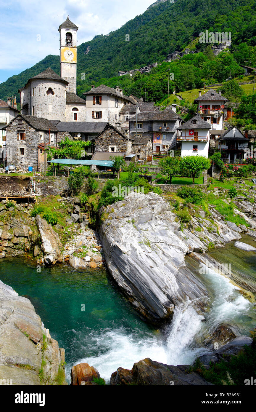 Church and rustic stone houses of the village of Lavertezzo in the ...
