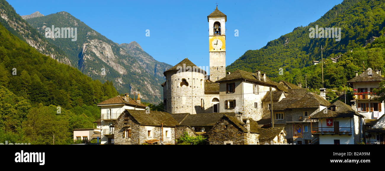 Church and rustic stone houses of the village of Lavertezzo in the ...
