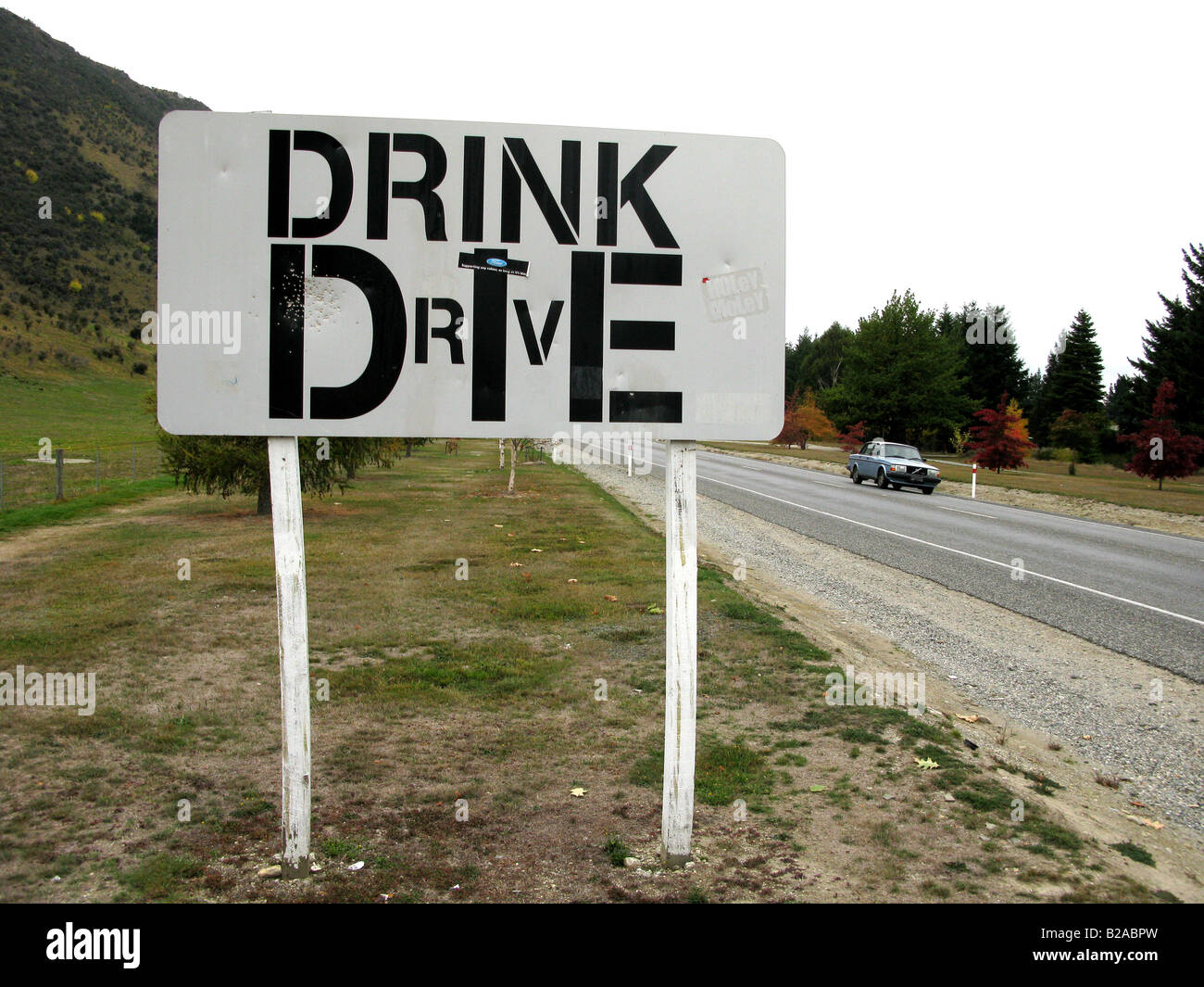 An anti Drink and drive advertising sign on a road near Wanaka New Zealand Stock Photo
