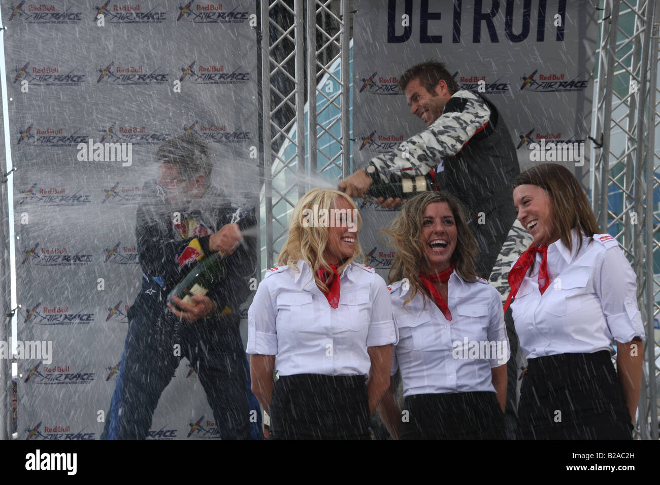 Hannes Arch and Kirby Chambliss celebrating on the podium after placing in the Red Bull Air Races in Detroit, Michigan. Stock Photo