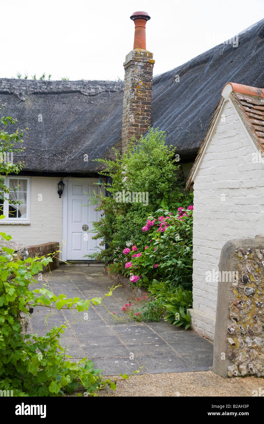 Thatched cottage, garden shrubs, wall and path. English Wine Centre Stock Photo