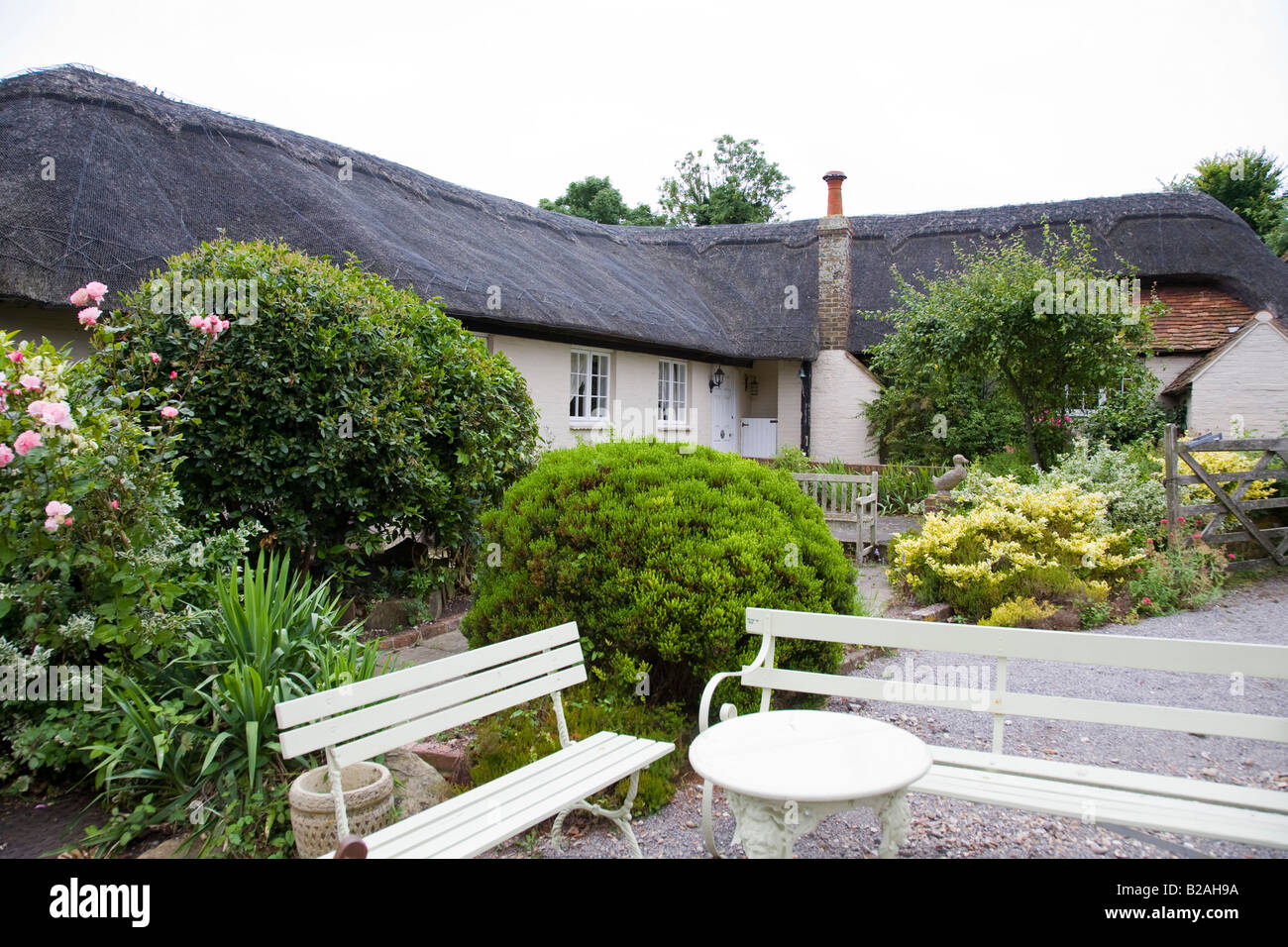 Thatched cottage, garden shrubs, chairs and table. English Wine Centre Stock Photo