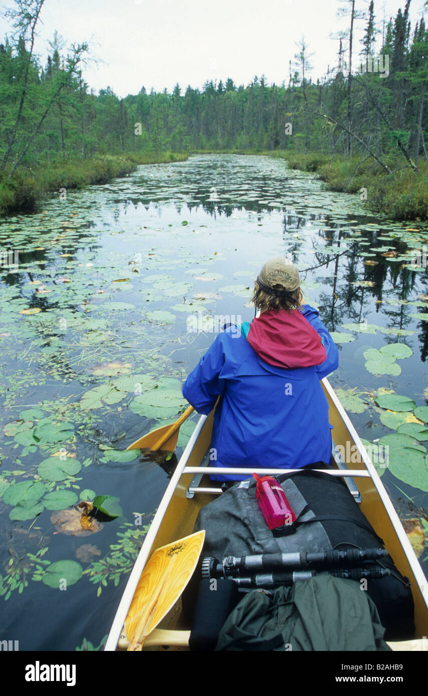 Woman Canoeing in Boundary Waters Canoe Area, Minnesota Stock Photo