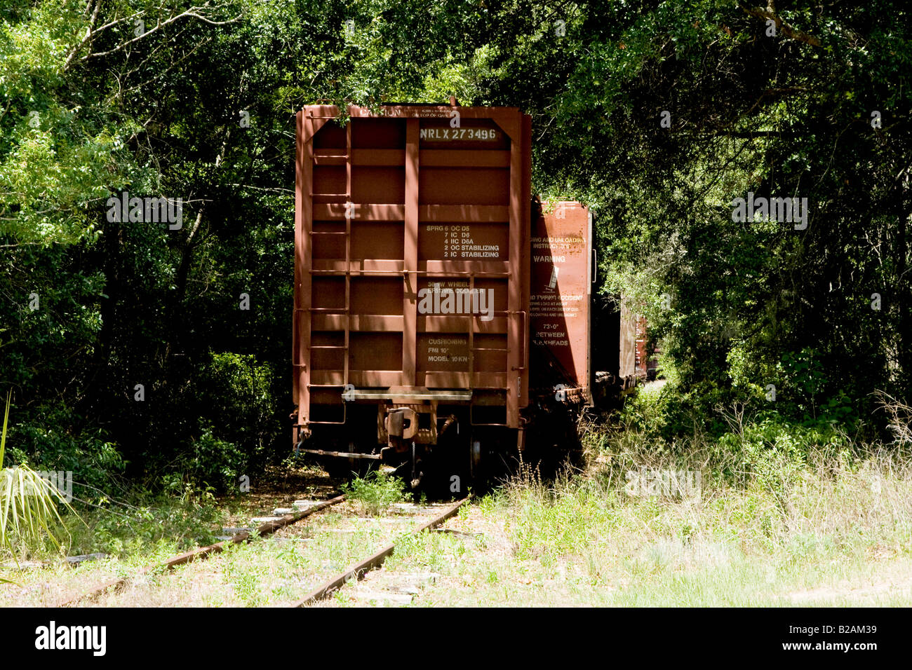 Train car on tracks partially hidden in trees on Rte 46 near Orlando, Florida Stock Photo