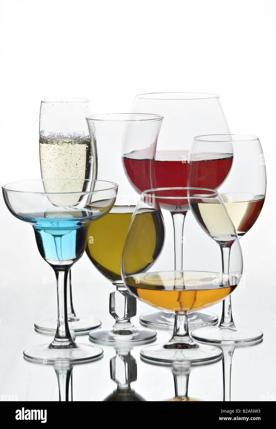 Still life with glasses with drinks on the white background Stock Photo