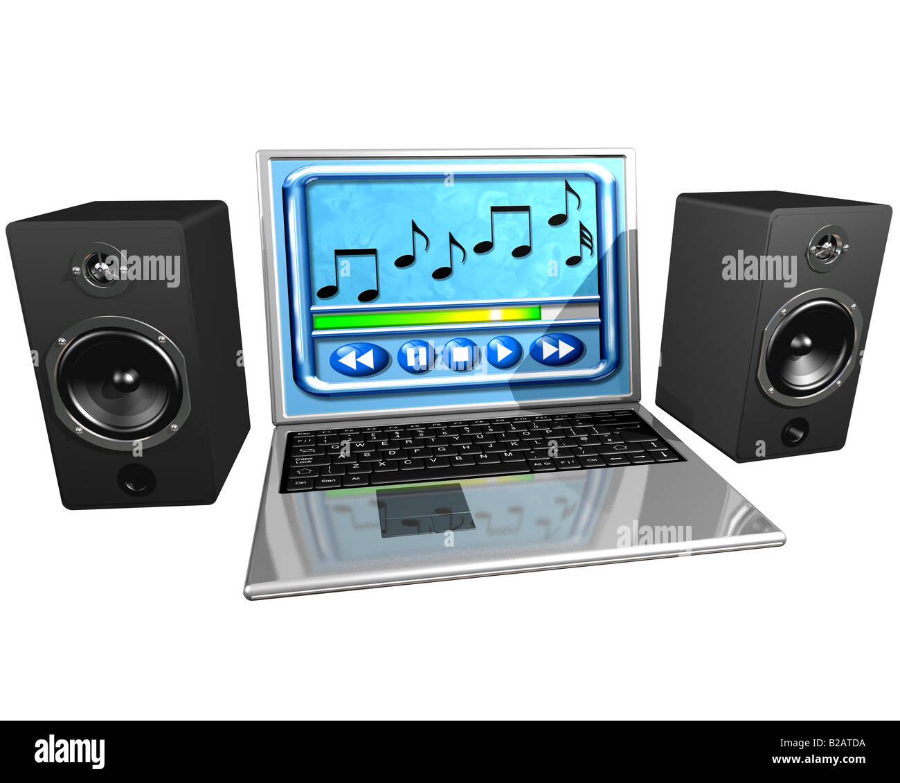 Isolated illustration of a laptop computer and speakers playing music Stock Photo