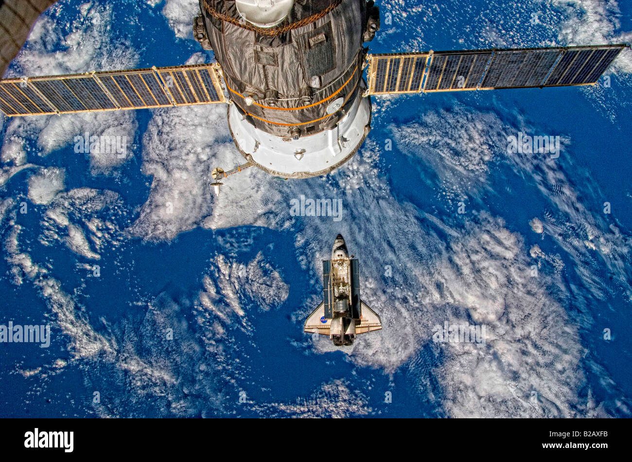 Hubble Space Telescope floating above NASA shuttle Stock Photo