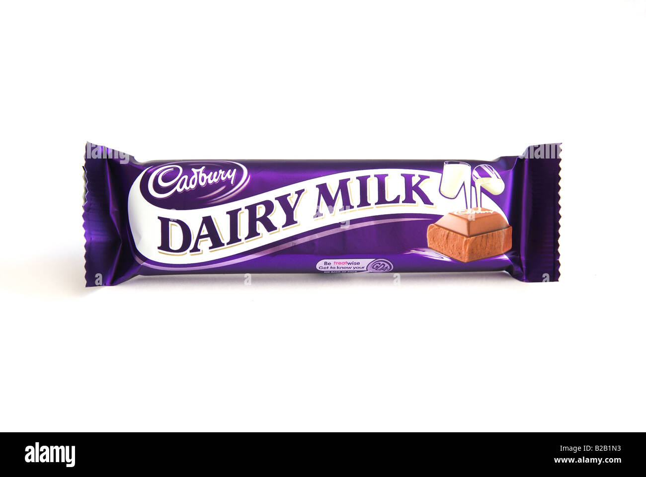 a snack size bar of cadbury dairy milk chocolate isolated on white background Stock Photo