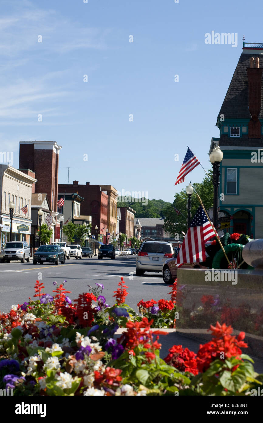 Adams Massachusetts has a picturesque main street where flags and