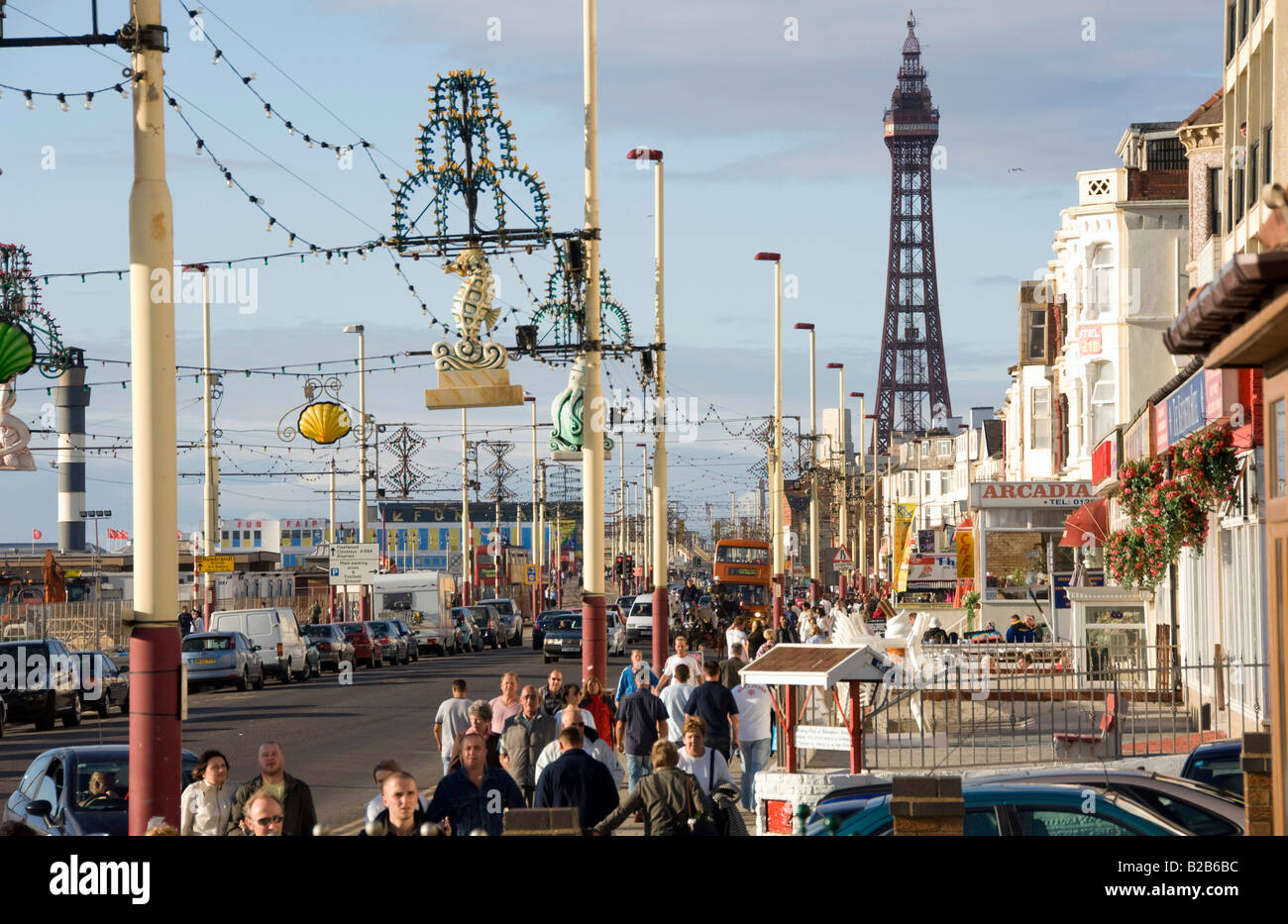 Hotels and holiday makers on Golden Mile of Blackpool promenade, Lancashire Stock Photo