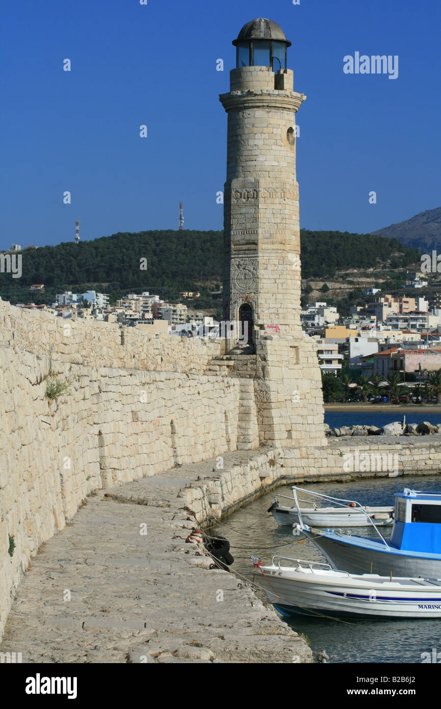 View of Venetian harbour: lighthouse at Rethymnon town (Crete, Greece) Stock Photo