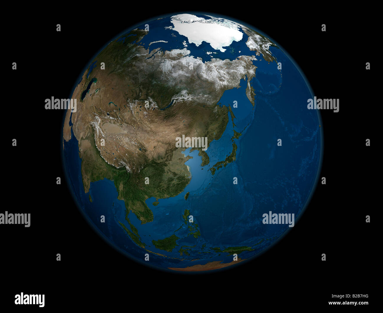 A global view over Asia showing Arctic sea ice. Stock Photo