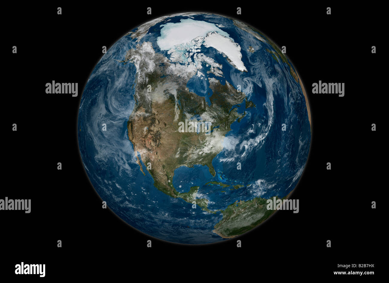 This image shows a view of the Earth on September 21, 2005 with the full Arctic region visible. Stock Photo
