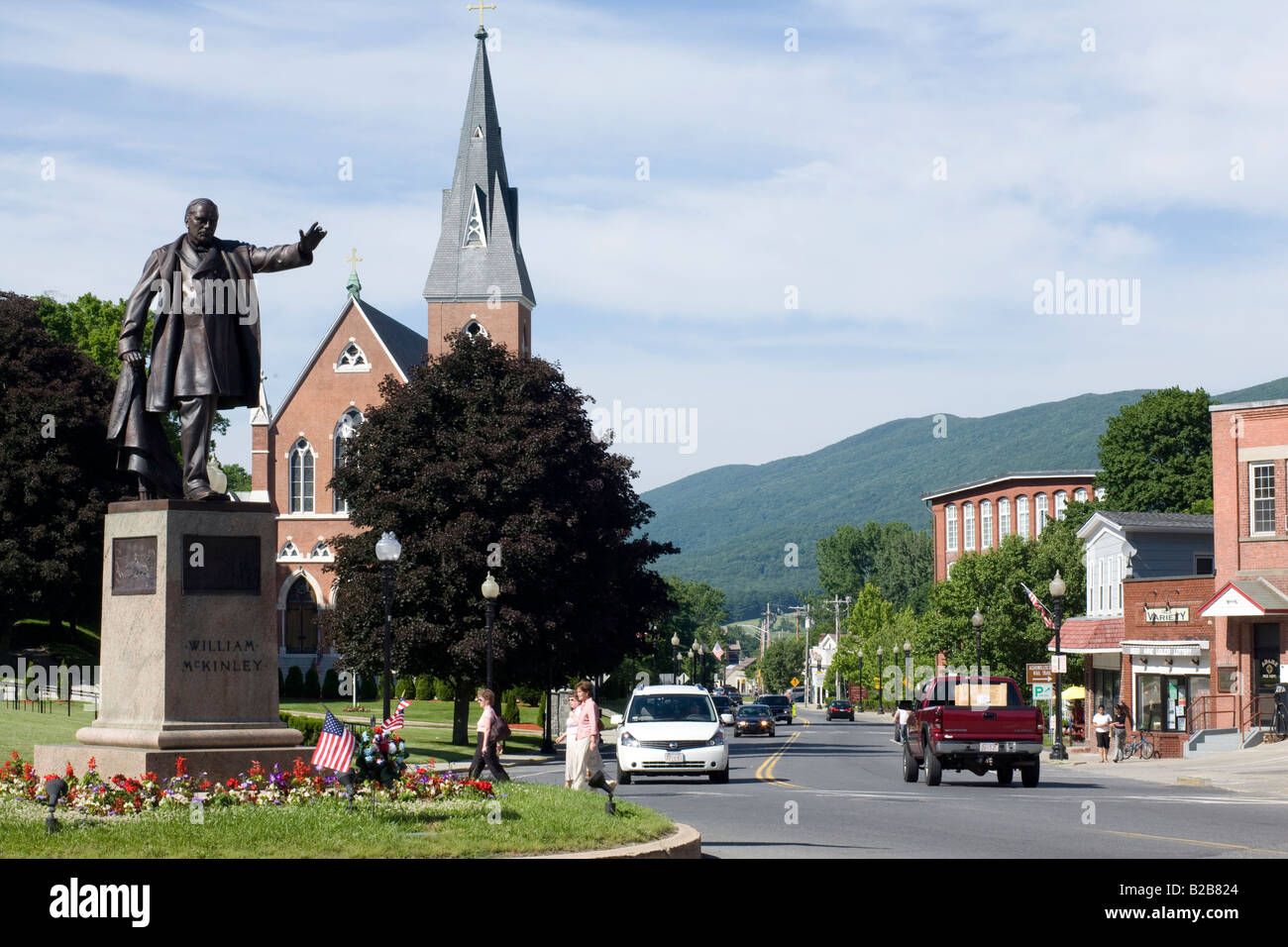 Adams Massachusetts has a picturesque main street with a large statue of President McKinley on