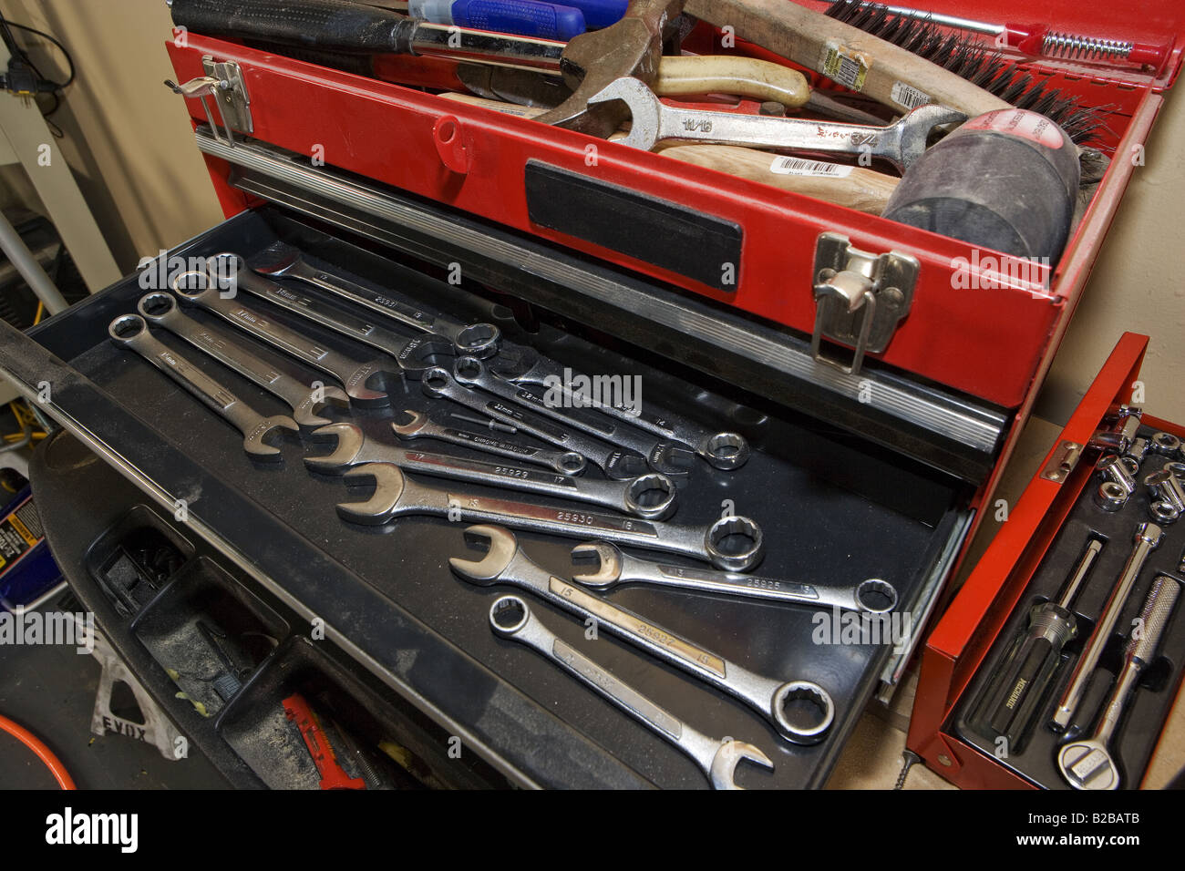 Toolbox with open drawers displaying tools Stock Photo Alamy