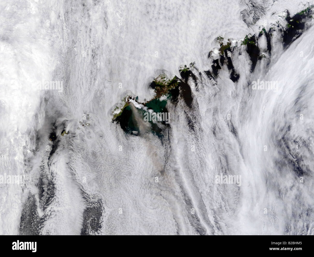 Plumes from Okmok Volcano, Aleutian Islands  July 13, 2008 at 22:30 UTC. Stock Photo