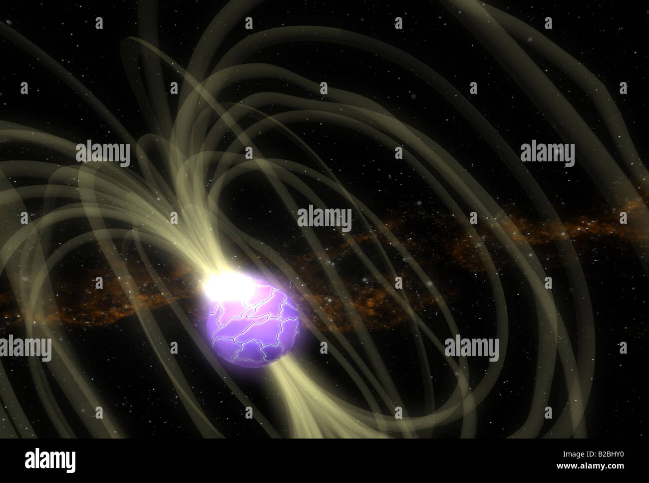 An artist conception of the SGR 1806-20 magnetar including magnetic field lines. Stock Photo
