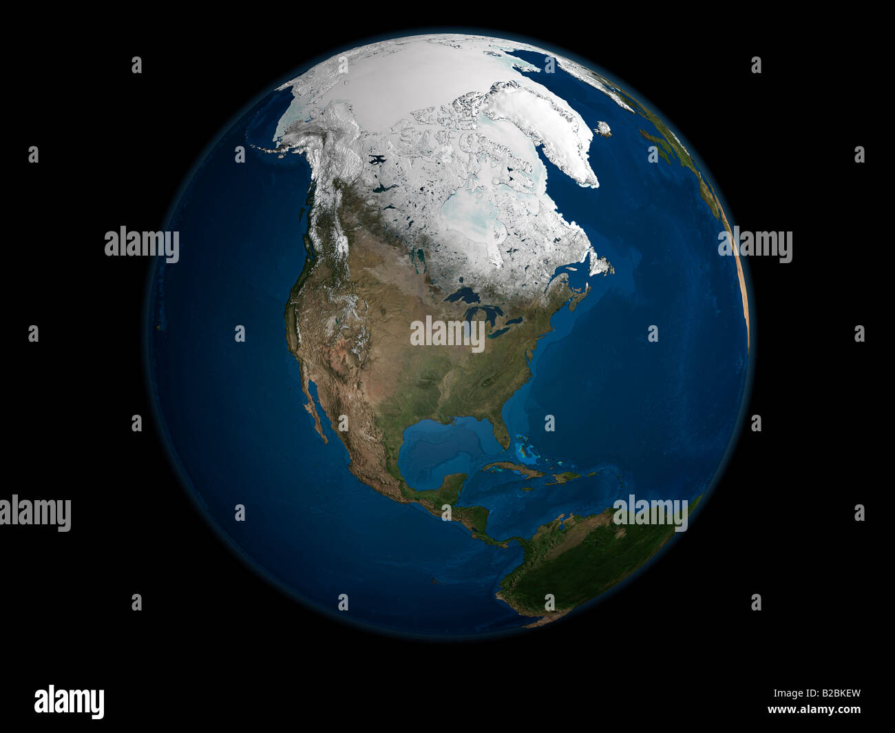 A global view over North America showing Arctic sea ice. Stock Photo