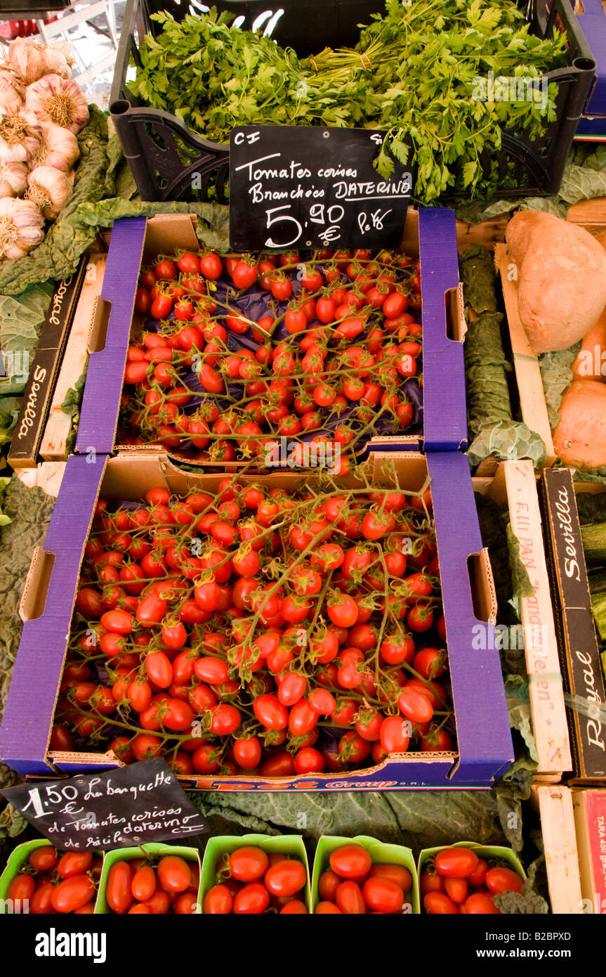 The display of cherry tomatoes, Cours Saleya Market, Old Town of Nice, South France Stock Photo