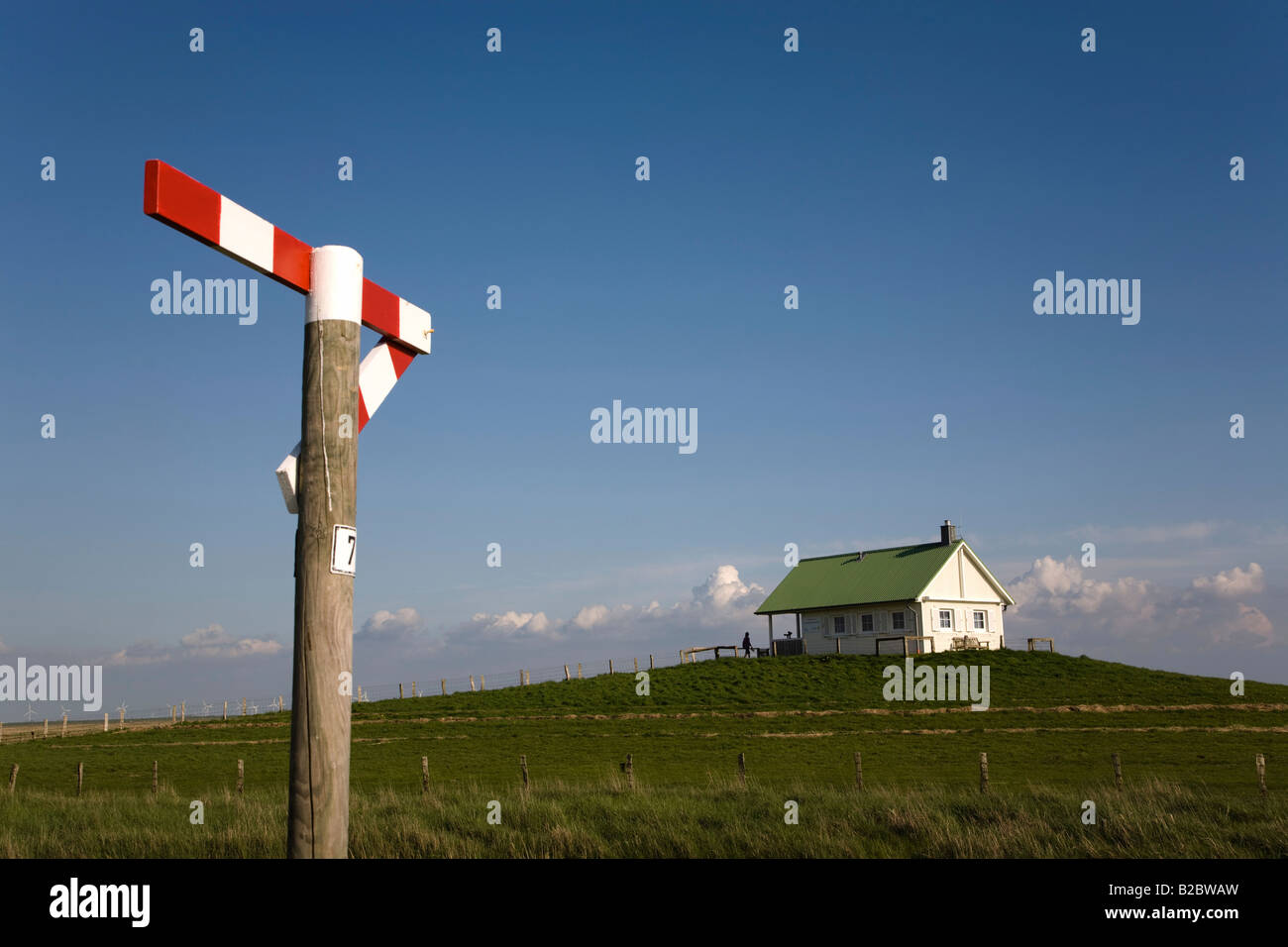 Small house on terp, on the way to the Hamburg Holm, North Frisia, Schleswig Holstein, Germany, Europe Stock Photo