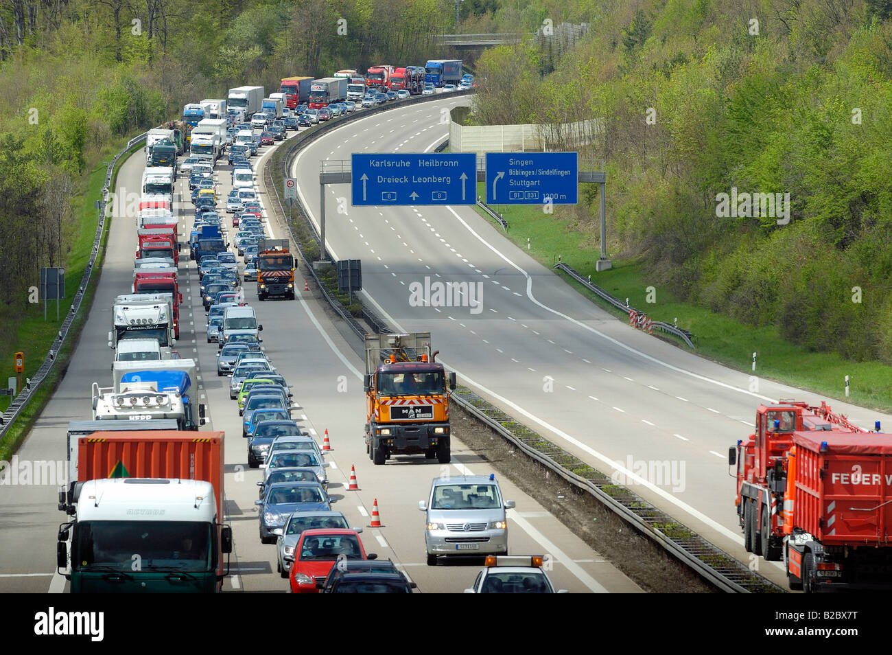 Traffic jam on the opposite carriageway after a major lorry accident on the A8 Motorway, in the direction of the city of Karlsr Stock Photo