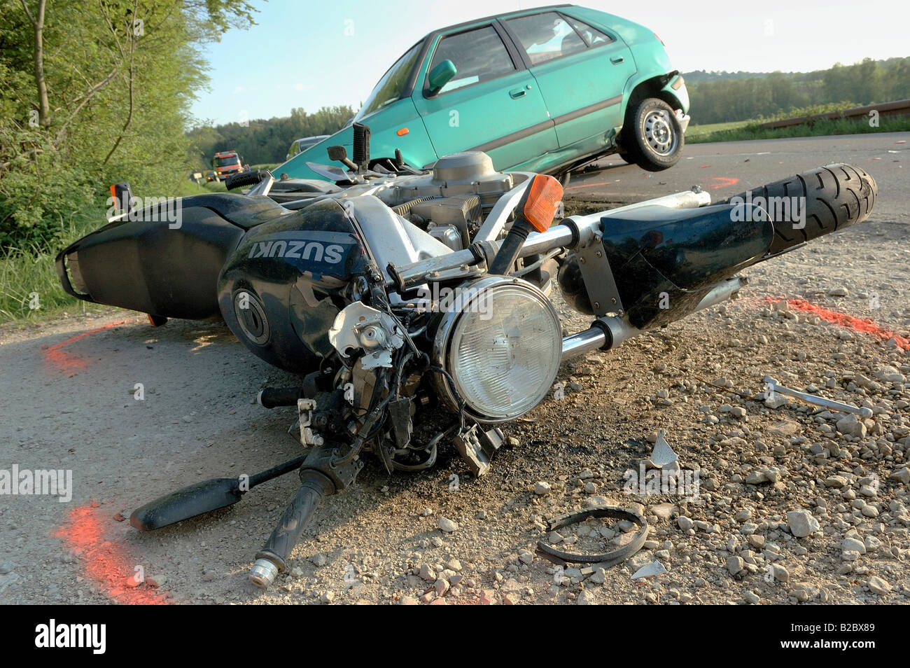 Smashed car and motorbike at an accident scene, the female rider died the following morning in an Ulm clinic, Frickenhausen Stock Photo