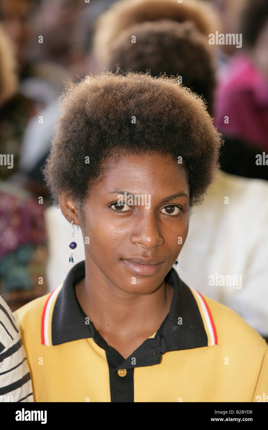 Woman, portrait, during a church service, Madang, Papua New Guinea, Melanesia Stock Photo
