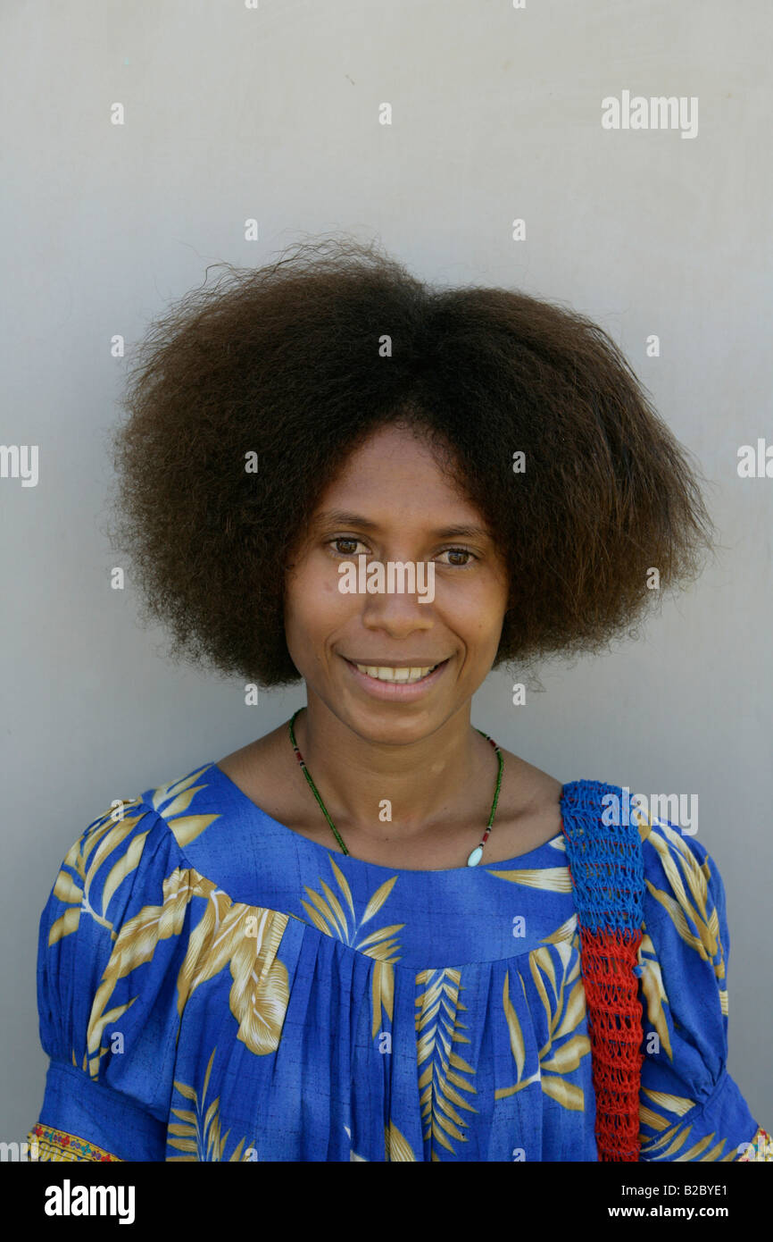 Woman with bilum string bag, typical bag in PNG, Madang, Papua New Guinea, Melanesia Stock Photo