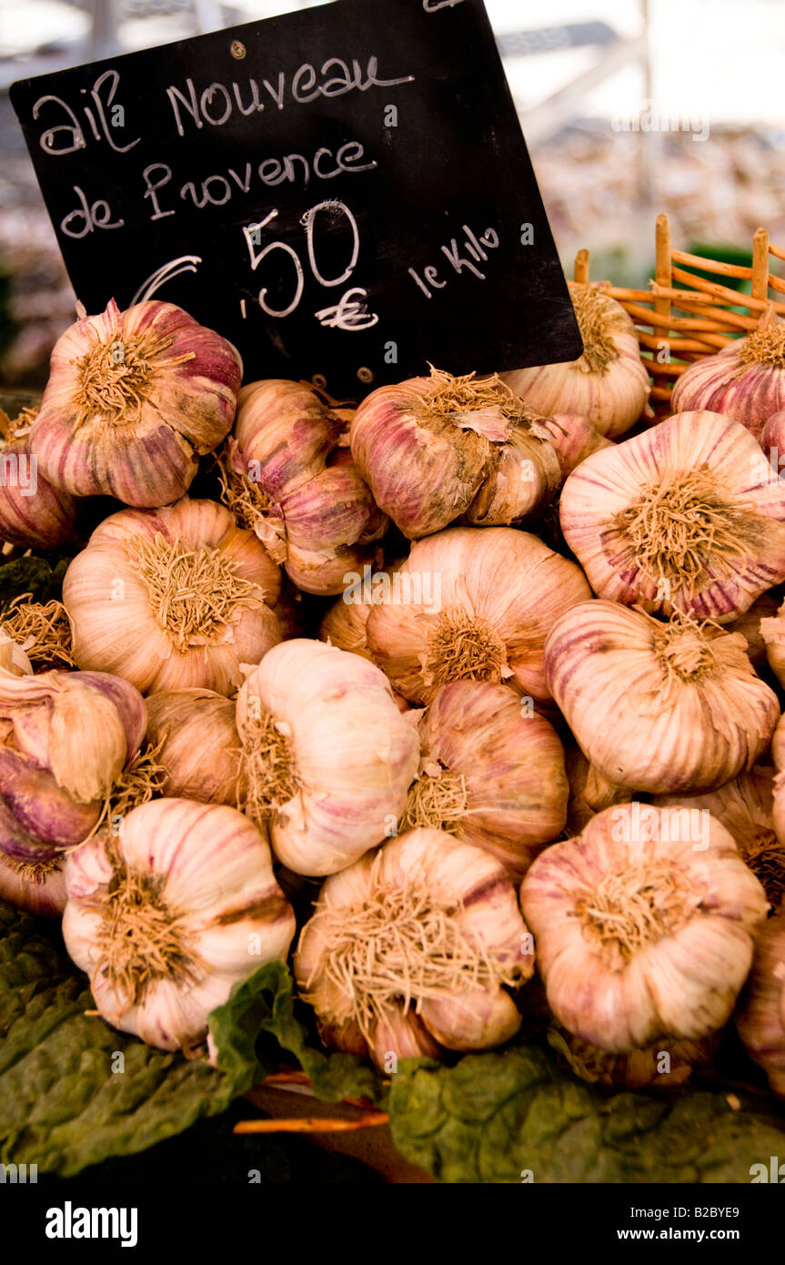 The display of new garlic, ail nouveau, Cours Saleya Market, Old Town of Nice, South France Stock Photo
