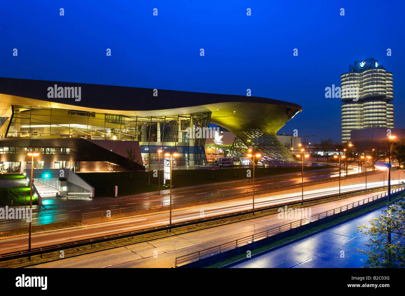 Newly constructed BMW World showroom at night, Munich, Bavaria, Germany, Europe Stock Photo