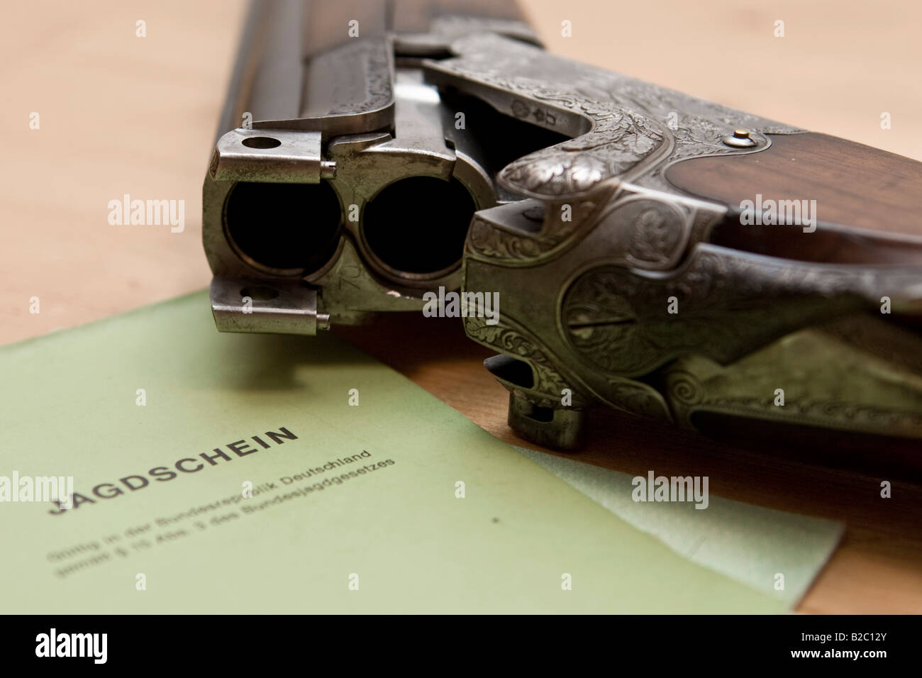 Hunting weapon, shotgun, long gun with engraving, shooting license and gun ownership license Stock Photo