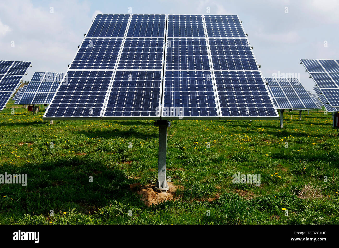Photovoltaic cells, solar panels mounted in a field, Oberruesselbach
